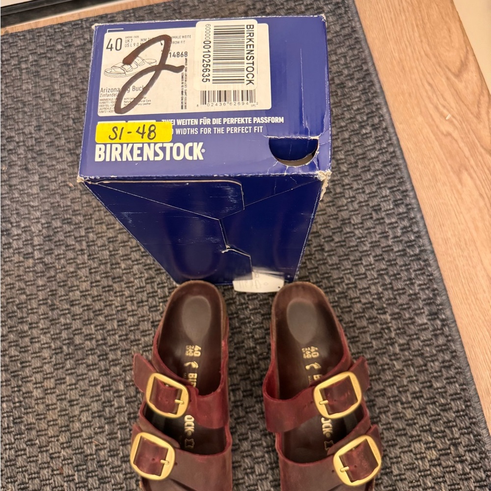 Birkenstock Maroon Sandals with Gold Buckles
